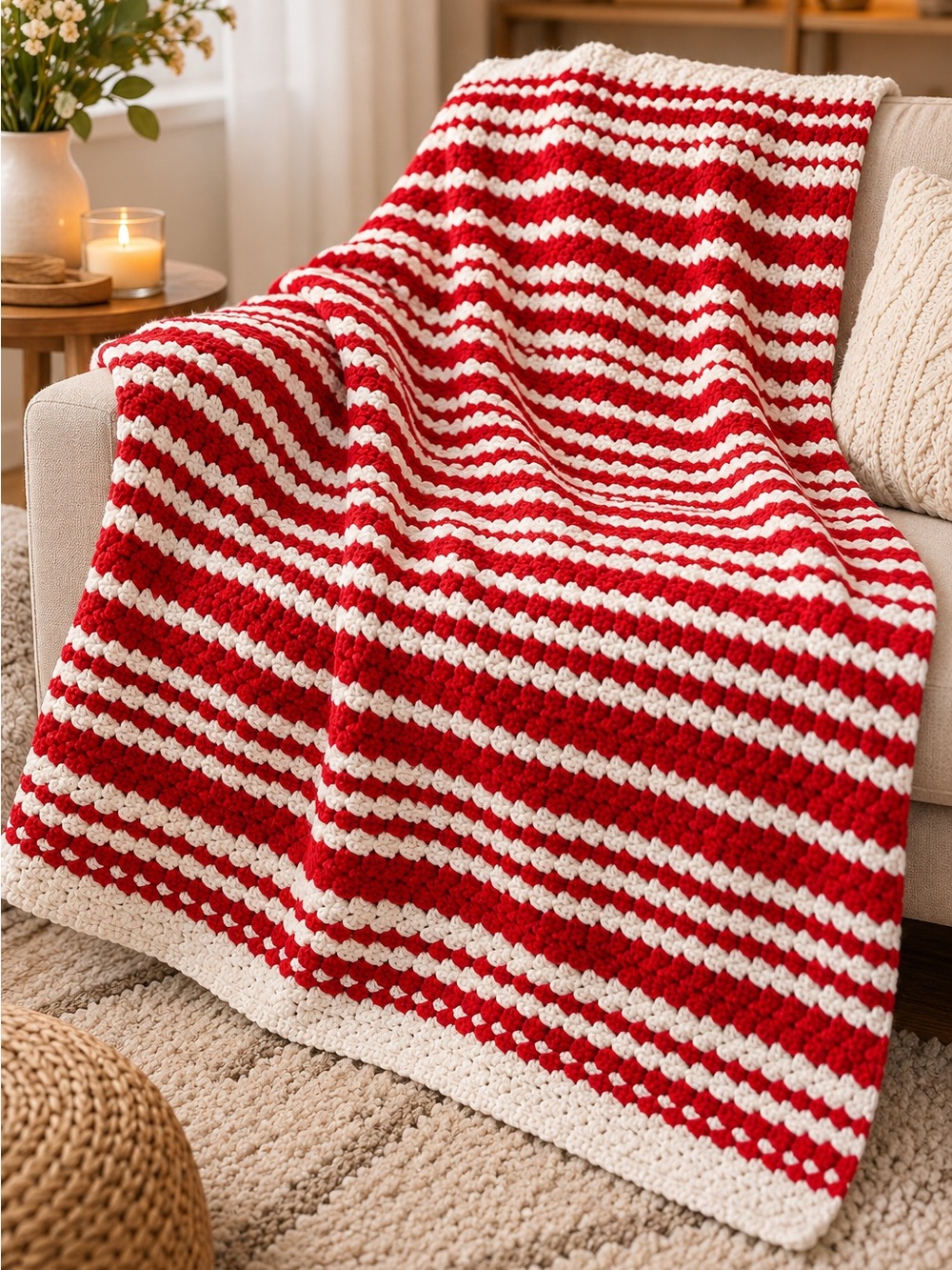 Handmade Red and White Striped Crochet Blanket, Cozy Soft Throw, Classic  Décor